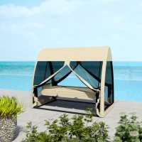 Outsunny 3 Seat Outdoor Swing Chair Convertible Covered Day Bed with Canopy, Mesh Netting, Steel Stand for Garden, Patio, Coffee(m-10)
