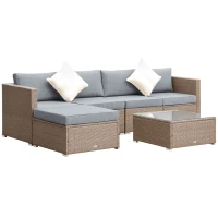 Outsunny 6 Piece Patio Furniture Set Outdoor Wicker Conversation Set All Weather PE Rattan Sectional Sofa Set with Ottoman, Cushions and Tempered Glass Table, Mixed Yellow and Light Gray(m-11)