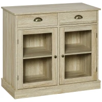 HOMCOM Farmhouse Sideboard Buffet Cabinet, Kitchen Cabinet with 2 Glass Doors, Coffee Bar Cabinet with Adjustable Shelves and 2 Drawers for Living Room, Oak(m-1)
