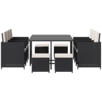 Outsunny 11 Pieces Outdoor Dining Set for 10, Space Saving Wicker Chairs and Glass Table with Cushions and Ottomans, Rattan Conversation Patio Furniture Set for Garden Backyard Deck, Cream White(m-11)