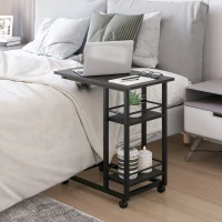 HOMCOM C Shaped End Table with Storage Shelves, Mobile Side Table with Wheels for Sofa Couch, Bed, Metal Frame, Black(m-10)