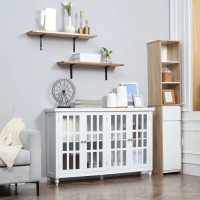 HOMCOM Sideboard, Buffet Cabinet with 4 Tempered Glass Doors, Stripe Pattern and Adjustable Storage Shelf, Credenza, White(m-10)
