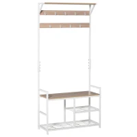 HOMCOM 3-in-1Hall Tree Entryway Coat Rack Shoe Bench with 9 Hanging Hooks, 3-Tier Storage Shelves, Multifunctional Hallway Organizer Natural/White(m-1)