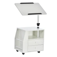 HOMCOM Modern End/Side Table for Living Room with a 360° Adjustable Height Tabletop & Storage Drawers, White(m-11)