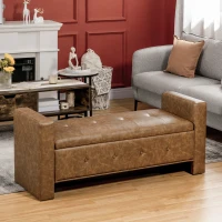 HOMCOM Storage Ottoman Bench with Soft Closing Hinged Lid, Faux Leather Upholstered Bench with Button Tufted Design and Armrests for Living Room, Brown(m-10)