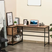 HOMCOM L-Shaped Home Offie Computer Desk with Storage Shelves, 2 Dawers and Industrial Steel Frame, Black/Brown(m-10)