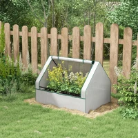 Outsunny Raised Garden Bed, Outdoor Metal Planter Box with Mini Greenhouse, White and Silver(m-2)