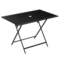 Outsunny Foldable Outdoor Dining Table with Umbrella Hole, Patio Table for 6 with Glass Top Table, Metal Frame for Garden Lawn Backyard, Black(m-2)