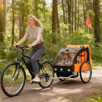 Aosom 2-Seat Child Bike Trailer for Kids with a Strong Steel Frame, 5-Point Safety Harnesses, & Comfortable Seat, Orange(m-1)