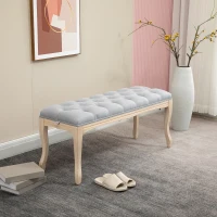 HOMCOM 43" Upholstered Entryway Bench, Linen Fabric Ottoman Stool with Button Tufted Seat, and Rubber Wood Legs for Living Room, Bedroom, or Hallway, Gray(m-21)