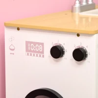 Qaba Kids Wooden Kitchen Playset with Sound Effects and Tons of Countertop Space, Wooden Corner Play Kitchen Set with Washing Machine, Imaginative Toy Pretend Restaurant, Ages 3-6, White(m-9)