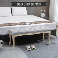 HOMCOM 43" Upholstered Entryway Bench, Linen Fabric Ottoman Stool with Button Tufted Seat, and Rubber Wood Legs for Living Room, Bedroom, or Hallway, Gray(m-18)