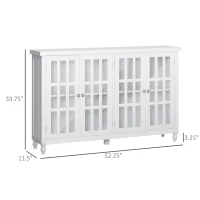 HOMCOM Sideboard, Buffet Cabinet with 4 Tempered Glass Doors, Stripe Pattern and Adjustable Storage Shelf, Credenza, White(m-3)