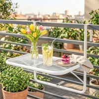 Outsunny Adjustable Balcony Hanging Railing Table, Metal Mounting Mini Wall Desk Storage Rack, Outdoor Flower Stand Serving Table Rectangle, White(m-8)