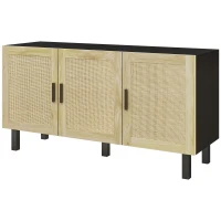 HOMCOM Boho Kitchen Cabinet, Buffet Cabinet with 3 Rattan Doors and Adjustable Shelves for Dining Room, Black and Natural(m-1)