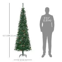 HOMCOM 6.5ft Pencil Christmas Tree, Artificial Christmas with Pine Needles, Realistic Branches, Pine Cones, Metal Base, Green(m-3)