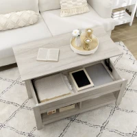 HOMCOM Lift Top Coffee Table with Hidden Storage Compartment and Open Shelves, Lift Tabletop Pop-Up Center Table for Living Room, Oak Effect(m-9)
