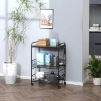 HOMCOM 3 Tier Kitchen Cart with Storage, Rolling Kitchen Island Cart with 2 Sliding Fruit Basket and Side Hooks for Dining Room, Rustic Brown(m-10)
