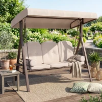 Outsunny 3-Seat Patio Swing Chair, Outdoor Porch Swing Glider with Adjustable Canopy, Removable Cushion, Pillows and Side Trays, for Garden, Poolside, Backyard, Beige(m-9)