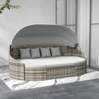 Outsunny 4 Pieces Patio PE Wicker Round Daybed, Outdoor Rattan Garden Lounge Furniture Sets, Light Grey(m-1)