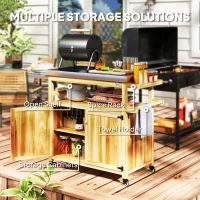 Outsunny Outdoor Grill Cart w/ Stainless Steel Top, Solid Wood Outdoor Kitchen Island w/ Wheels, Storage Cabinets, Natural Wood(m-5)