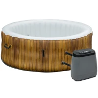 Outsunny 4 Person Inflatable Hot Tub, Outdoor Round Portable Spa with 108 Heated Air Jets, Cover, Pump, 2 Filter Cartridges, Faux Wood(m-1)