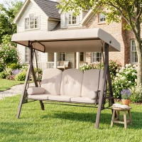 Outsunny 3-Seat Patio Swing Chair, Outdoor Porch Swing Glider with Adjustable Canopy, Removable Cushion, Pillows and Side Trays, for Garden, Poolside, Backyard, Beige(m-8)