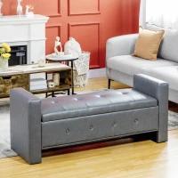HOMCOM Storage Ottoman Bench with Soft Closing Hinged Lid, Faux Leather Upholstered Bench with Button Tufted Design and Armrests for Living Room, Gray(m-10)