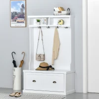 HOMCOM Entryway Bench with Coat Rack, 4 Double Hooks and 2 Compartments, Hall Tree with Bench and Shoe Storage for Hallway, Living Room, White(m-10)
