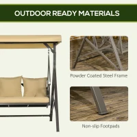 Outsunny 3-Seat Patio Swing Chair, Porch Swing Glider with Cushion, 3 Throw Pillows & Adjustable Canopy for Porch, Garden, Poolside, Backyard, Khaki(m-7)