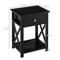 HOMCOM Farmhouse Side Table, End Table with Storage Drawer, Open Shelf and X-Frame, Bedside Table for Living Room, Black(m-3)