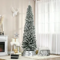 HOMCOM 7.5ft Flocked Christmas Tree, Pencil Artificial Xmas Tree with Faux Snow, Dense Branches, Foldable Metal Base for Indoor Holiday Decor(m-10)