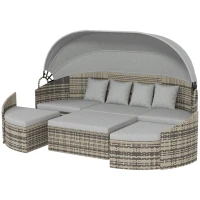 Outsunny 4 Pieces Patio PE Wicker Round Daybed, Outdoor Rattan Garden Lounge Furniture Sets, Light Grey(m-2)