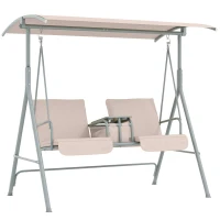 Outsunny 2-Seater Outdoor Porch Swing with Canopy and Table, Patio Swing Chair for Garden, Poolside, Backyard, Beige(m-11)