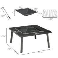 Outsunny 34" Fire Pit with Grill, Metal Outdoor Wood Burning Firepit with Spark Screen, Fire Poker, Cover, Table Lip, Black(m-3)