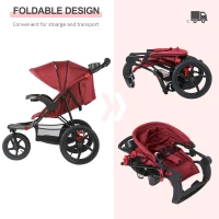 Qaba Baby Stroller Foldable Carriage for Toddler with Adjustable Backrest and Canopy Suspension System Rubber Tire 5-Point Harness Cup Holder Storage Basket Red(m-5)