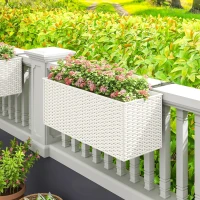 Outsunny 2 Pack 20 Inch Railing Flower Pots, Hanging Flower Pots with Hooks, Drainage Holes for Fence, Rattan Look, White(m-8)