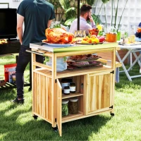 Outsunny Outdoor Grill Cart w/ Stainless Steel Top, Solid Wood Outdoor Kitchen Island w/ Wheels, Storage Cabinets, Natural Wood(m-2)