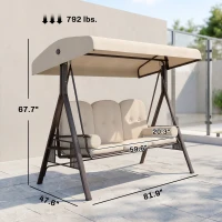 Outsunny 3-Seat Patio Swing Chair, Outdoor Porch Swing Glider with Adjustable Canopy, Removable Cushion, Pillows and Side Trays, for Garden, Poolside, Backyard, Beige(m-3)