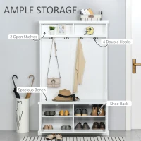 HOMCOM Entryway Bench with Coat Rack, 4 Double Hooks and 2 Compartments, Hall Tree with Bench and Shoe Storage for Hallway, Living Room, White(m-4)