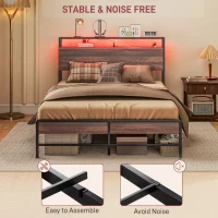 HOMCOM Full Size Bed Frame with LED Lights and Charging Station, Full Bed Frame with Storage Headboard, Noise-Free, Walnut(m-7)