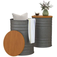 HOMCOM Round Side Table Set of 2, Nesting Coffee Tables w/ Wooden Lid, Galvanized Sheet Frame and Hidden Storage Space, Grey(m-9)