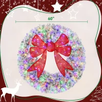 HOMCOM 60in Flocked Pre-Lit Christmas Wreath with 3D Red Bow, 11 Lighting Modes, Front Door Christmas Wreath with Remote(m-3)