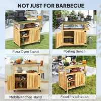 Outsunny Outdoor Grill Cart w/ Stainless Steel Top, Solid Wood Outdoor Kitchen Island w/ Wheels, Storage Cabinets, Natural Wood(m-7)