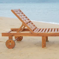 Outsunny Outdoor Folding Chaise Lounge Chair Recliner with Wheels, Acacia Wood Frame - Teak Color(m-7)