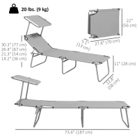 Outsunny 2 Pieces Outdoor Lounge Chair, Adjustable Folding Chaise Lounge, Tanning Chair with Sun Shade for Beach, Camping, Hiking, Backyard, Light Grey(m-3)