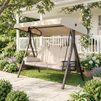 Outsunny 3-Seat Patio Swing Chair, Outdoor Porch Swing Glider with Adjustable Canopy, Removable Cushion, Pillows and Side Trays, for Garden, Poolside, Backyard, Beige(m-10)