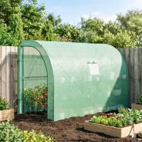 Outsunny 10' x 5' x 7' Lean to Greenhouse, Walk-In Green House, Plant Nursery with 2 Roll-up Doors and Windows, PE Cover and 3 Wire Shelves, Green(m-9)