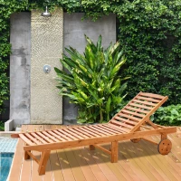 Outsunny Outdoor Folding Chaise Lounge Chair Recliner with Wheels, Acacia Wood Frame - Teak Color(m-10)