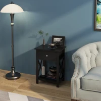 HOMCOM Farmhouse Side Table, End Table with Storage Drawer, Open Shelf and X-Frame, Bedside Table for Living Room, Black(m-10)